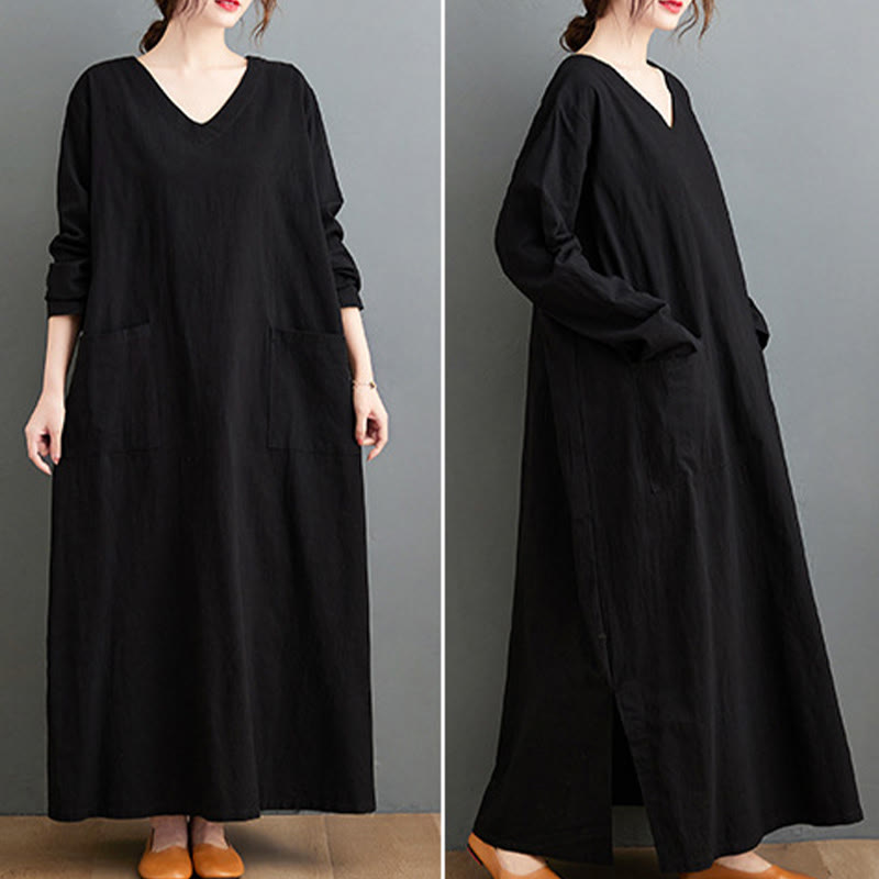 Buddha Stones Fall Casual Simple Design Long Sleeve Cotton Linen Maxi Dress With Pockets - image 15