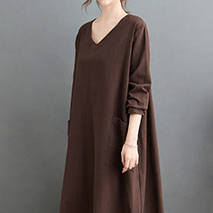 Buddha Stones Fall Casual Simple Design Long Sleeve Cotton Linen Maxi Dress With Pockets - image 3
