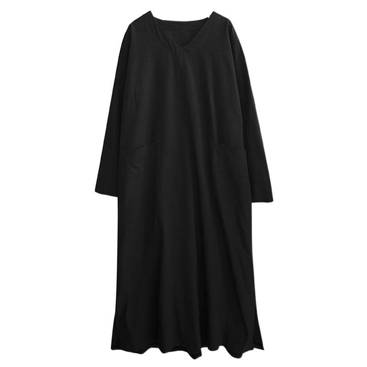 Buddha Stones Fall Casual Simple Design Long Sleeve Cotton Linen Maxi Dress With Pockets - image 16