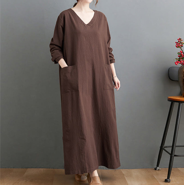 Buddha Stones Fall Casual Simple Design Long Sleeve Cotton Linen Maxi Dress With Pockets - SaddleBrown - US4-8/10，UK/AU8-12/14，EU36-40/42(F) - image 0