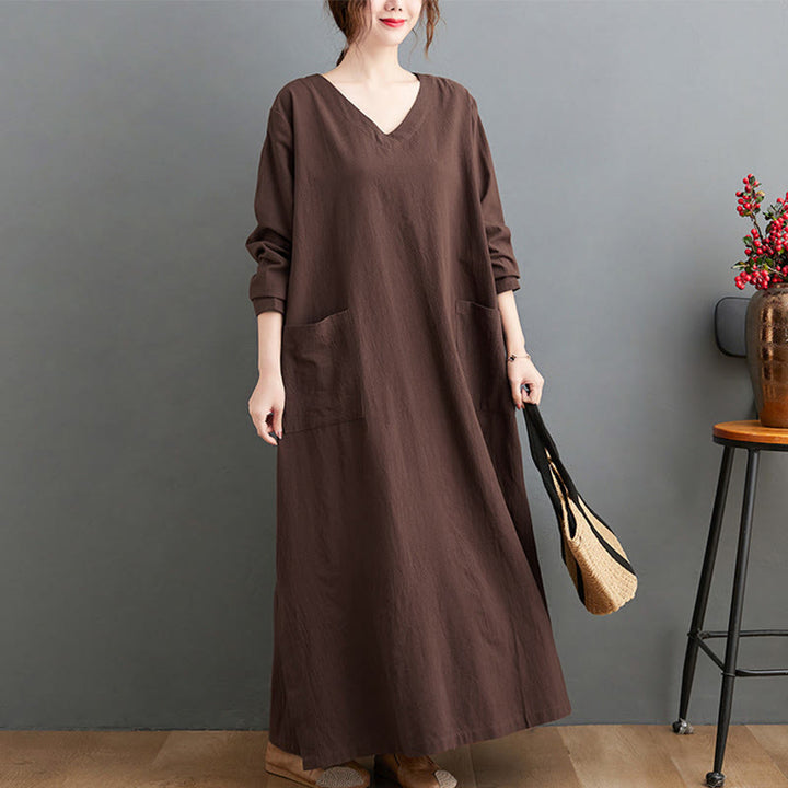 Buddha Stones Fall Casual Simple Design Long Sleeve Cotton Linen Maxi Dress With Pockets - image 2