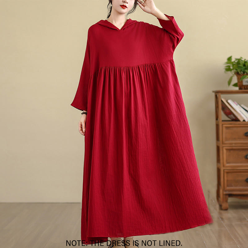 Buddha Stones Fall Hoodie Design Long Sleeve Cotton Linen Midi Dress With Pockets - image 15