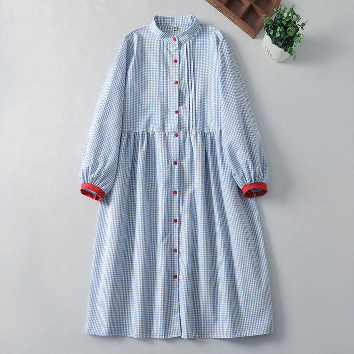 Buddha Stones Casual Plaid Pattern Long Lantern Sleeve Cotton Linen Midi Dress With Pockets - LightSkyBlue - US8-10，UK/AU12-14，EU40-42 (2XL) - image 0