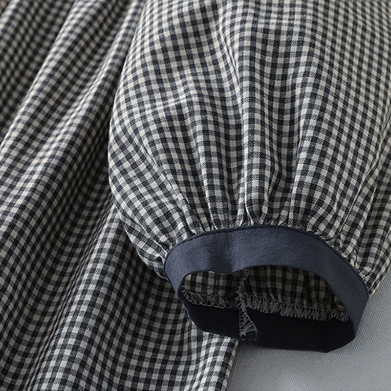 Buddha Stones Casual Plaid Pattern Long Lantern Sleeve Cotton Linen Midi Dress With Pockets - image 13