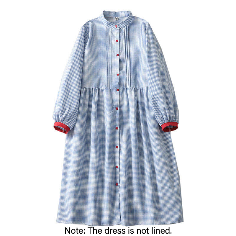 Buddha Stones Casual Plaid Pattern Long Lantern Sleeve Cotton Linen Midi Dress With Pockets - image 1