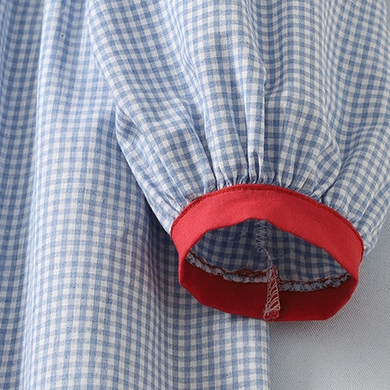 Buddha Stones Casual Plaid Pattern Long Lantern Sleeve Cotton Linen Midi Dress With Pockets - image 4