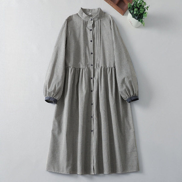Buddha Stones Casual Plaid Pattern Long Lantern Sleeve Cotton Linen Midi Dress With Pockets - Black - US8-10，UK/AU12-14，EU40-42 (2XL) - image 6