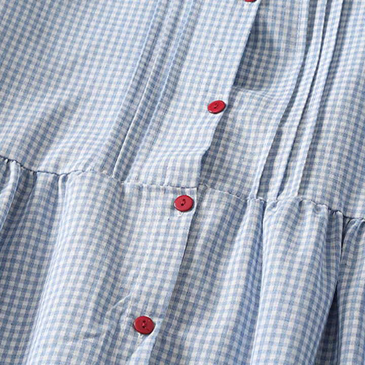 Buddha Stones Casual Plaid Pattern Long Lantern Sleeve Cotton Linen Midi Dress With Pockets - image 3