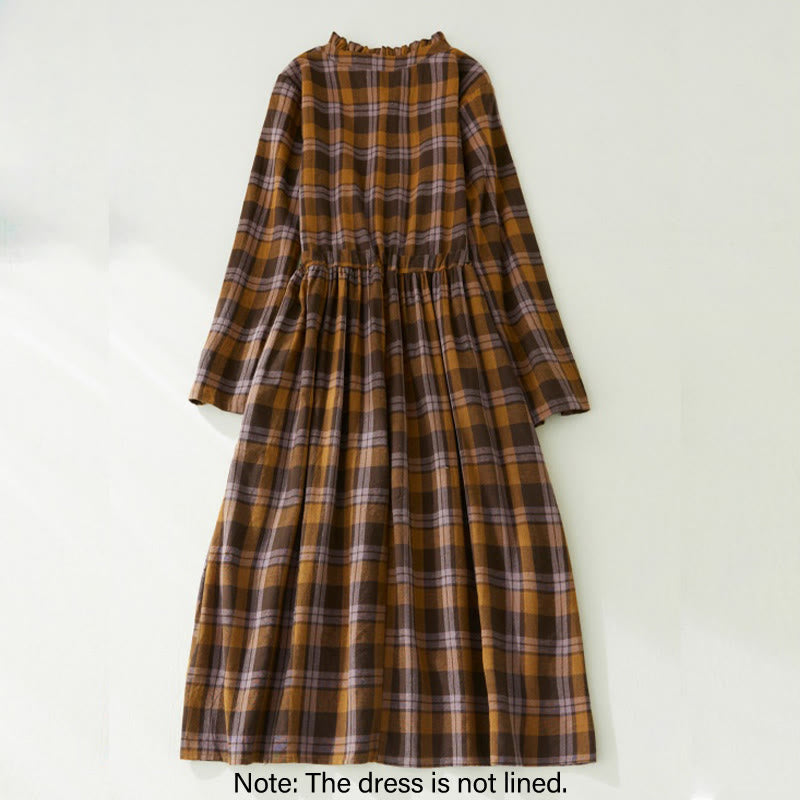 Buddha Stones Plaid Ruffled V-Neck Long Sleeve Drawstring Cotton Linen Midi Dress With Pockets - image 1