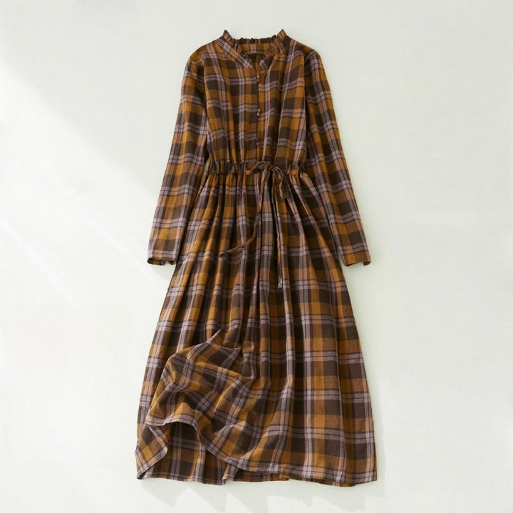 Buddha Stones Plaid Ruffled V-Neck Long Sleeve Drawstring Cotton Linen Midi Dress With Pockets - DarkGoldenrod - US8-10，UK/AU12-14，EU40-42 (2XL) - image 0