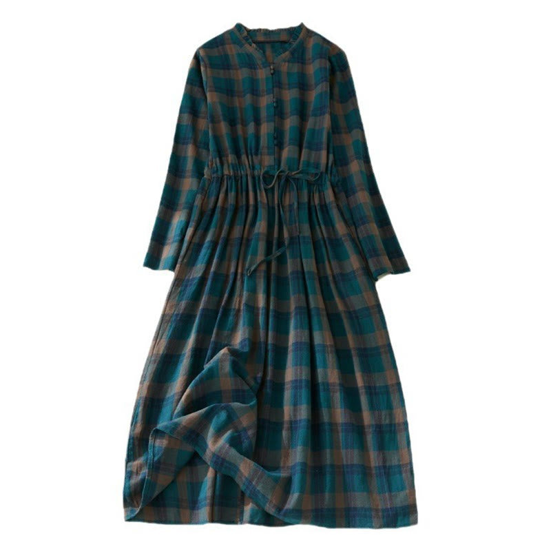 Buddha Stones Plaid Ruffled V-Neck Long Sleeve Drawstring Cotton Linen Midi Dress With Pockets - image 7