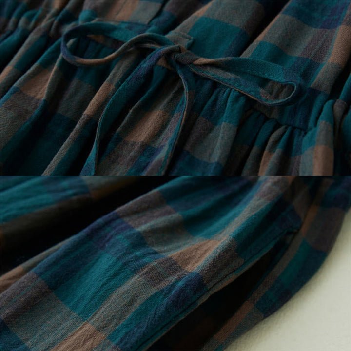 Buddha Stones Plaid Ruffled V-Neck Long Sleeve Drawstring Cotton Linen Midi Dress With Pockets - image 6