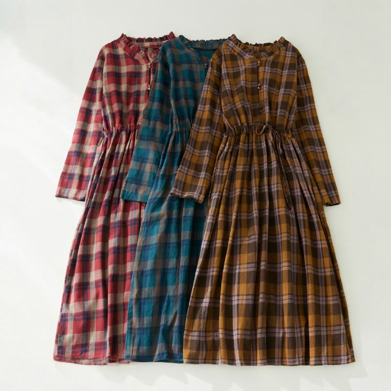 Buddha Stones Plaid Ruffled V-Neck Long Sleeve Drawstring Cotton Linen Midi Dress With Pockets - image 10