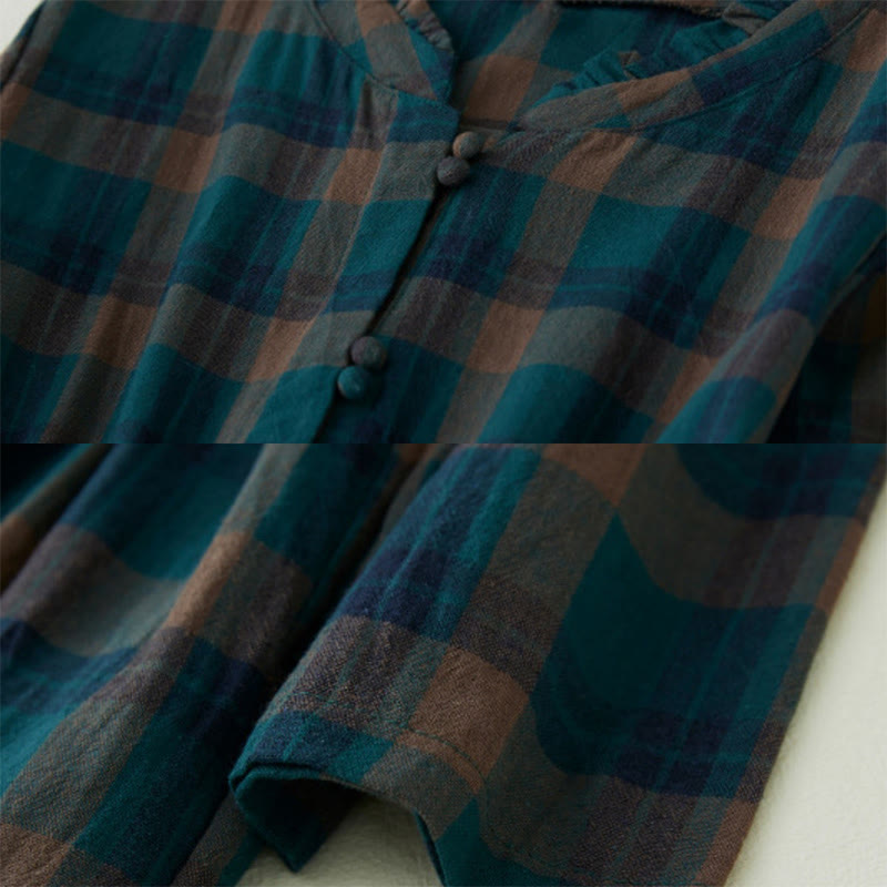 Buddha Stones Plaid Ruffled V-Neck Long Sleeve Drawstring Cotton Linen Midi Dress With Pockets - image 5