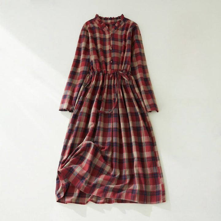 Buddha Stones Plaid Ruffled V-Neck Long Sleeve Drawstring Cotton Linen Midi Dress With Pockets - Crimson - US8-10，UK/AU12-14，EU40-42 (2XL) - image 8