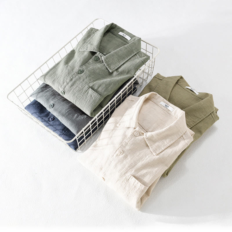 Buddha Stones Commute Men's Plain Buttons Design Cotton Linen Long Sleeve Shirt With Pockets - image 21