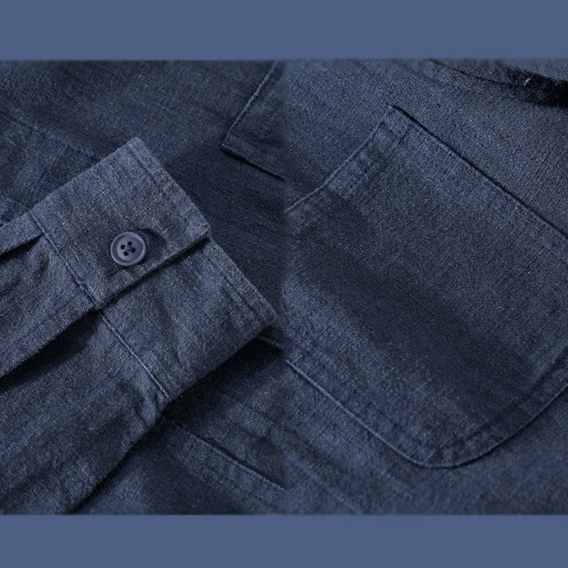 Buddha Stones Commute Men's Plain Buttons Design Cotton Linen Long Sleeve Shirt With Pockets - image 15