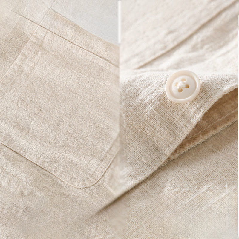 Buddha Stones Commute Men's Plain Buttons Design Cotton Linen Long Sleeve Shirt With Pockets - image 6