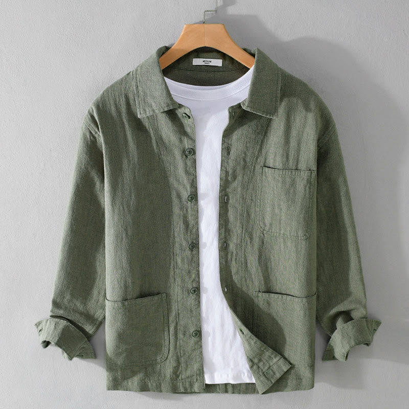 Buddha Stones Commute Men's Plain Buttons Design Cotton Linen Long Sleeve Shirt With Pockets - MediumSeaGreen - US/UK/AU42，EU52 (3XL) - image 0