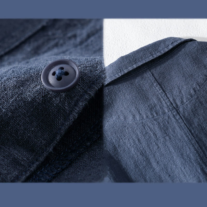 Buddha Stones Commute Men's Plain Buttons Design Cotton Linen Long Sleeve Shirt With Pockets - image 14