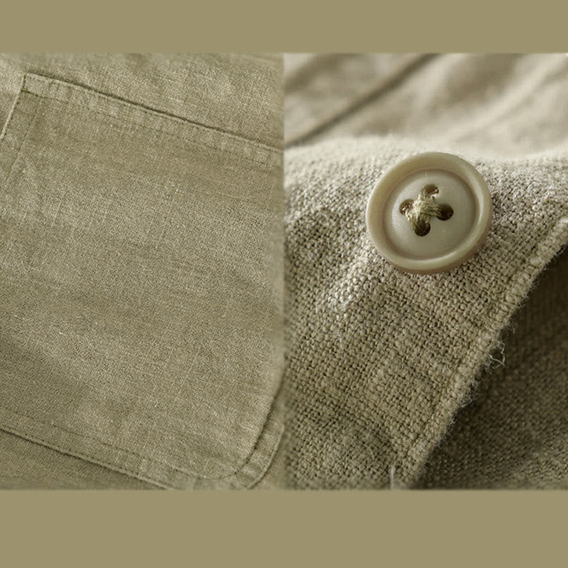 Buddha Stones Commute Men's Plain Buttons Design Cotton Linen Long Sleeve Shirt With Pockets - image 18