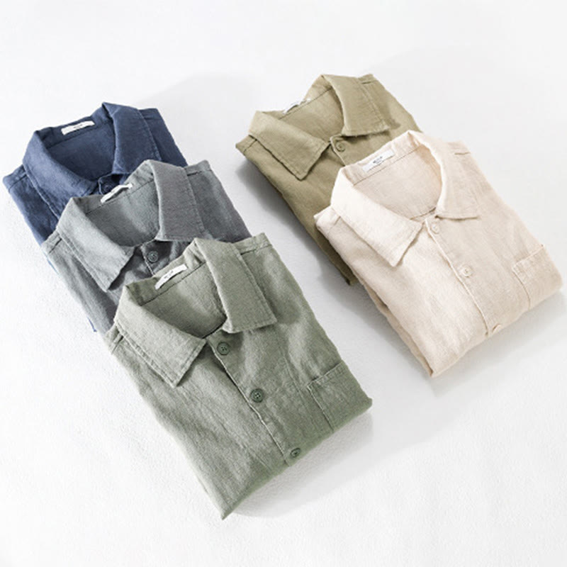 Buddha Stones Commute Men's Plain Buttons Design Cotton Linen Long Sleeve Shirt With Pockets - image 20