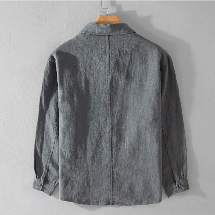 Buddha Stones Commute Men's Plain Buttons Design Cotton Linen Long Sleeve Shirt With Pockets - image 10