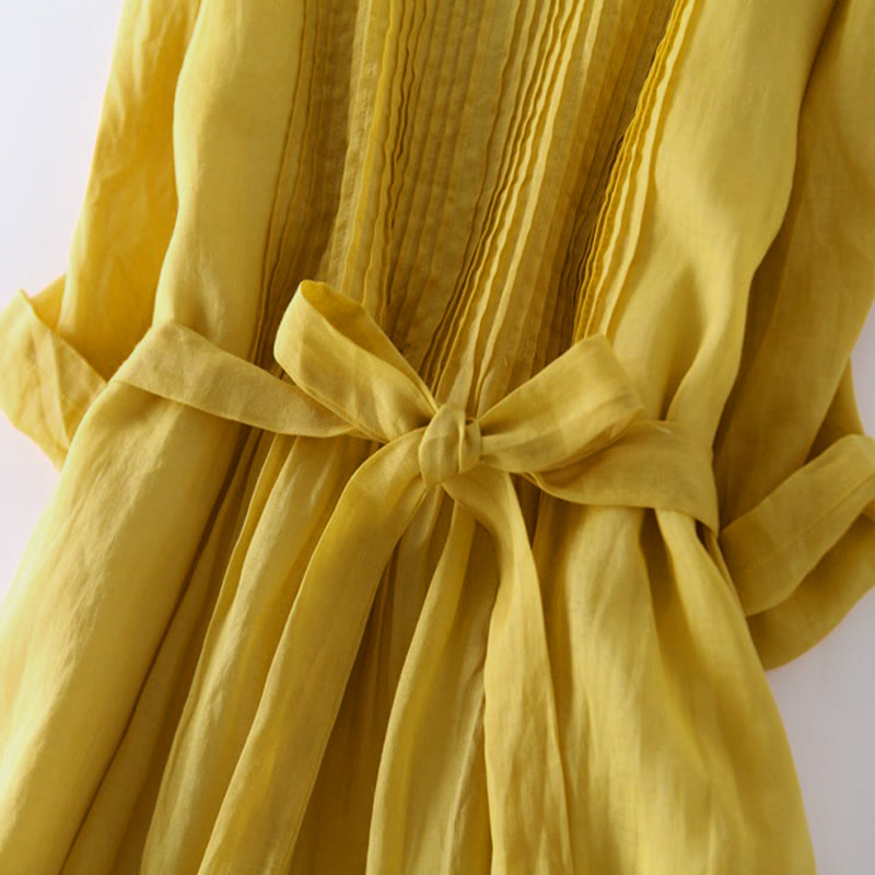 Buddha Stones Casual Lace-up Plain Crew Neck Half Sleeve Midi Dress With Pockets - image 8