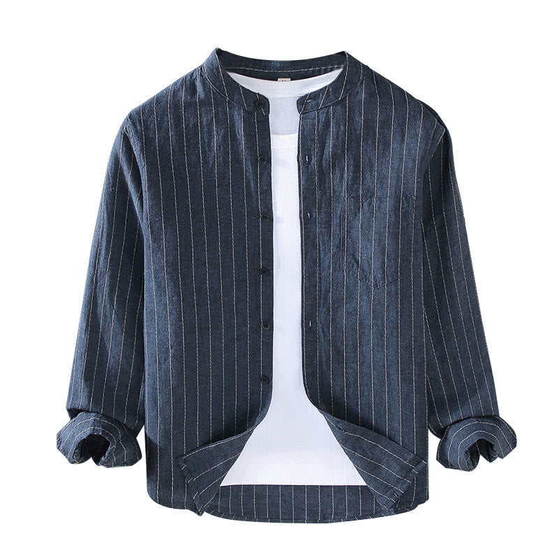 Buddha Stones Daily Tang Suit Men's Striped Pattern Cotton Linen Long Sleeve Shirt - image 1