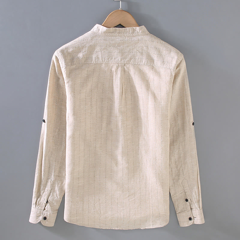 Buddha Stones Daily Tang Suit Men's Striped Pattern Cotton Linen Long Sleeve Shirt - image 3