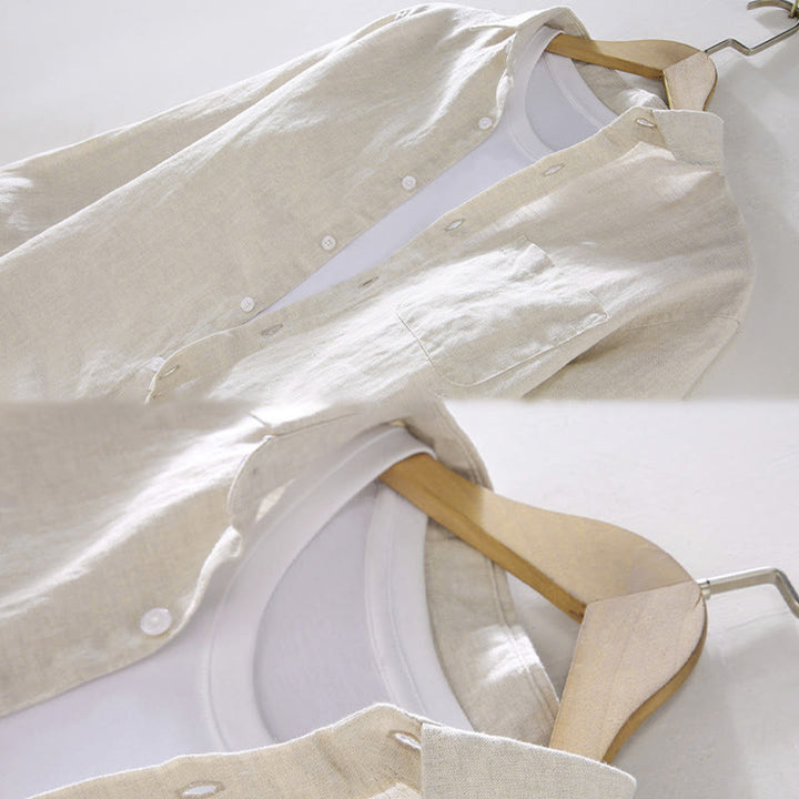 Buddha Stones Spring Men's Casual Pure Color Linen Long Sleeve Shirt With Pocket - image 3