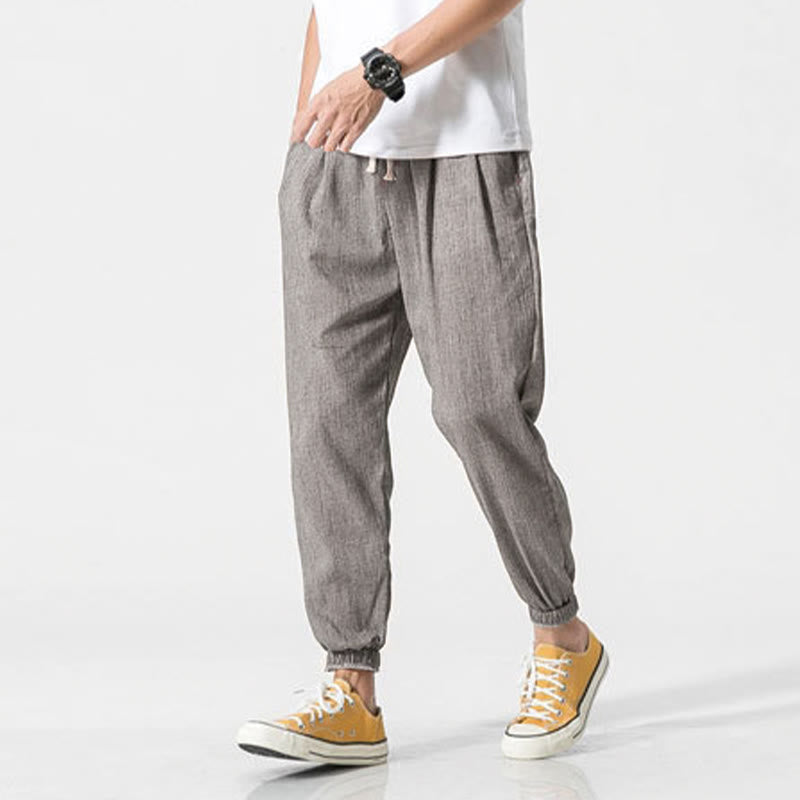 Buddha Stones Simple Drawstring Design Linen Men's Pants With Pockets - image 6