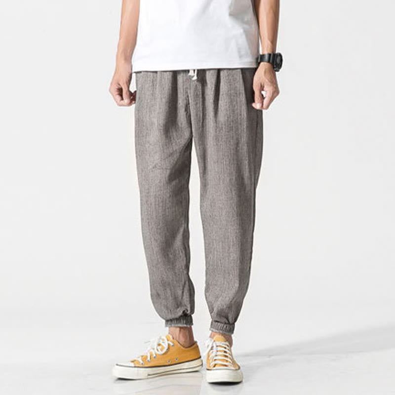 Buddha Stones Simple Drawstring Design Linen Men's Pants With Pockets - image 4