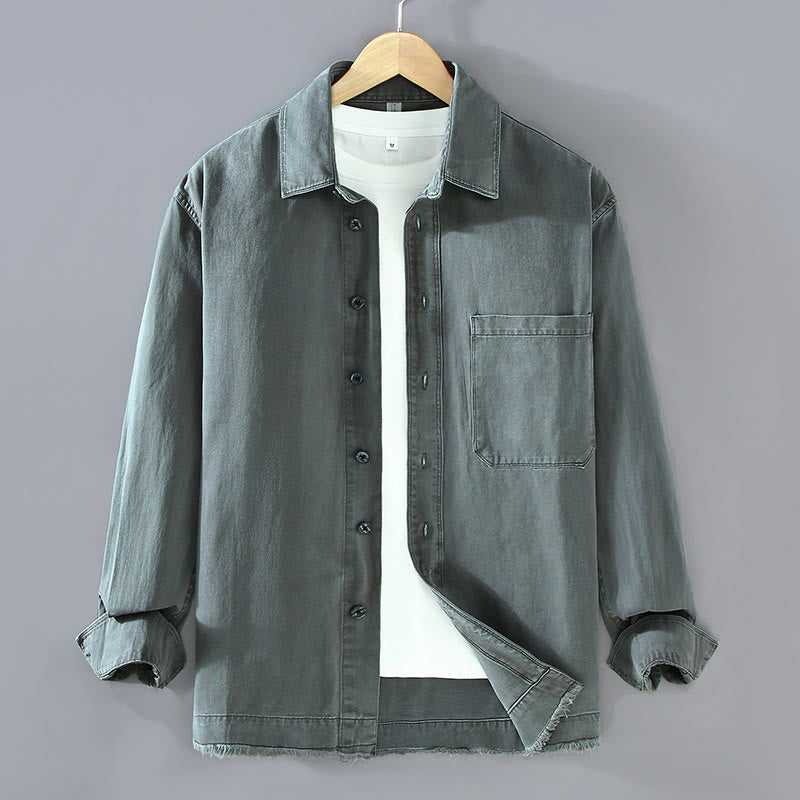 Buddha Stones Men's Pure Color Tassels Hem Design Cotton Long Sleeve Shirt With Pocket - LightSlateGray - US/UK/AU46，EU56 (3XL) - image 0