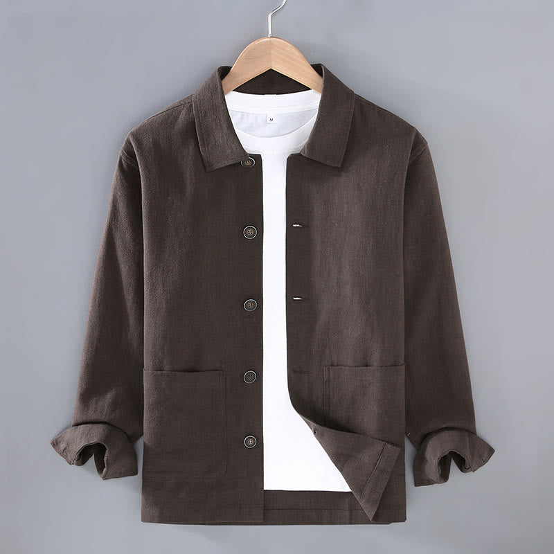 Buddha Stones Commute Plain Long Sleeve Button Lapel  Design Men's Ramie Linen Jacket With Pockets - SaddleBrown - US/UK/AU42，EU52 (3XL) - image 0