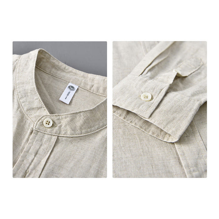 Buddha Stones Men's Long Sleeve Stand Collar With Pocket Pure Color Casual Cotton Linen Shirt - image 3