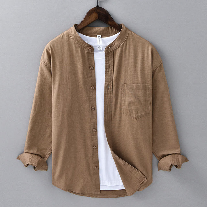 Buddha Stones Men's Long Sleeve Stand Collar With Pocket Pure Color Casual Cotton Linen Shirt - DarkGoldenrod - US/UK/AU40，EU50 (3XL) - image 21