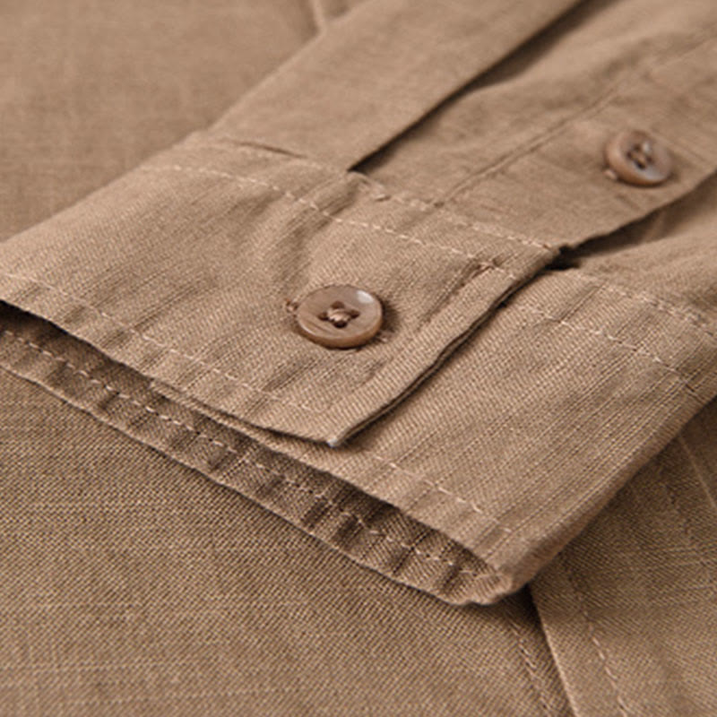 Buddha Stones Men's Long Sleeve Stand Collar With Pocket Pure Color Casual Cotton Linen Shirt - image 23