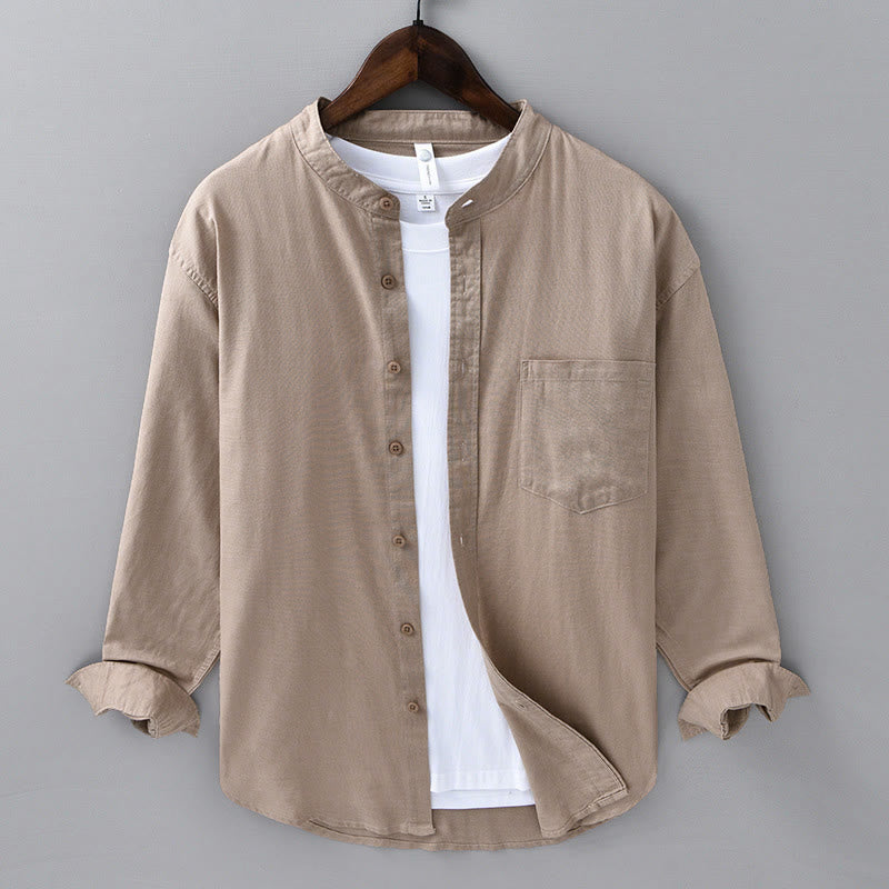 Buddha Stones Men's Long Sleeve Stand Collar With Pocket Pure Color Casual Cotton Linen Shirt - BurlyWood - US/UK/AU40，EU50 (3XL) - image 29