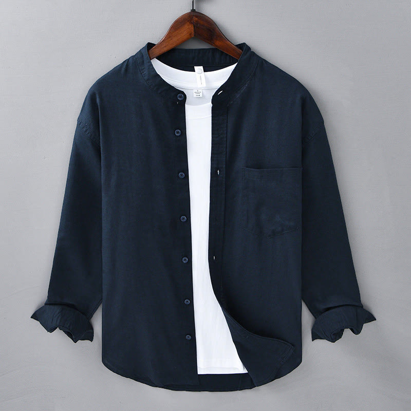 Buddha Stones Men's Long Sleeve Stand Collar With Pocket Pure Color Casual Cotton Linen Shirt - MidnightBlue - US/UK/AU40，EU50 (3XL) - image 37