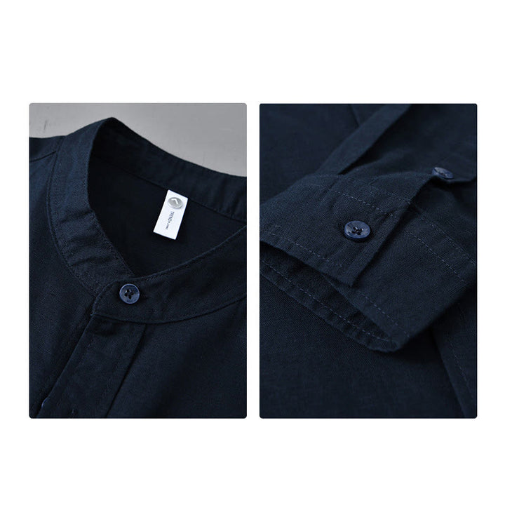 Buddha Stones Men's Long Sleeve Stand Collar With Pocket Pure Color Casual Cotton Linen Shirt - image 38