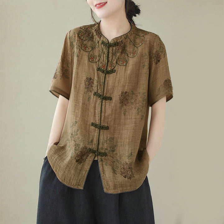 Buddha Stones Purple Flower Print Frog-Button Design Shirt - image 1