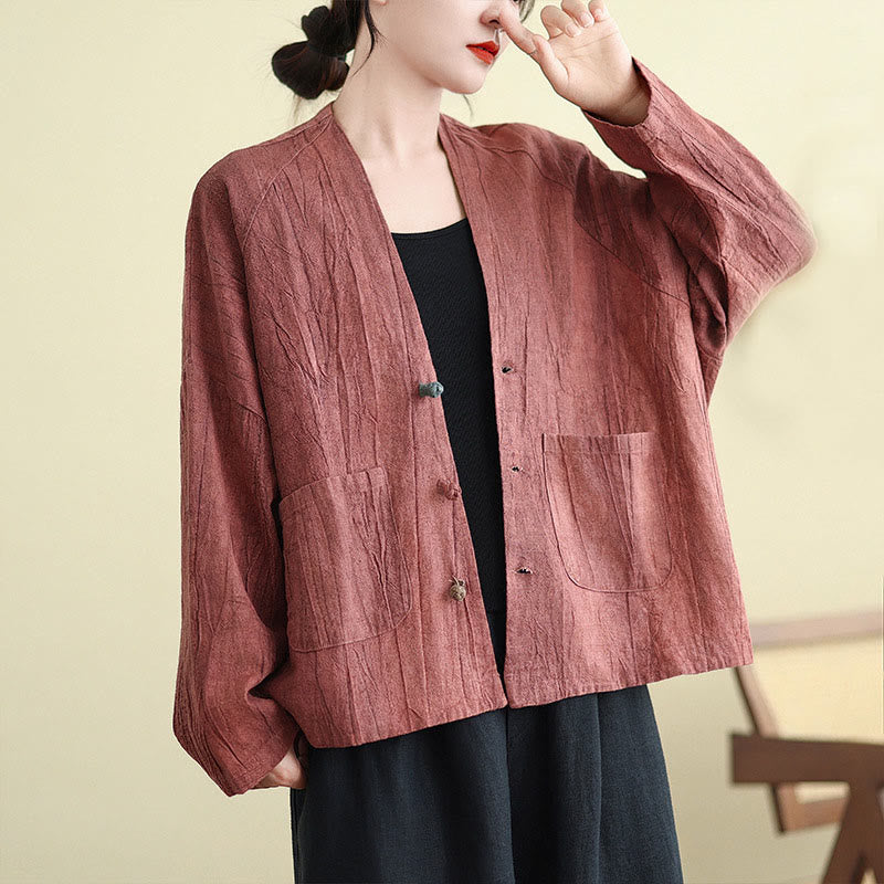 Buddha Stones Plain Long Sleeve Women's Cotton Linen Jacket With Pockets - image 10
