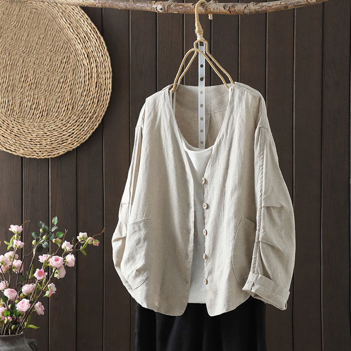 Buddha Stones Pure Color V-neck Women's Cotton Jacket With Pockets - image 0