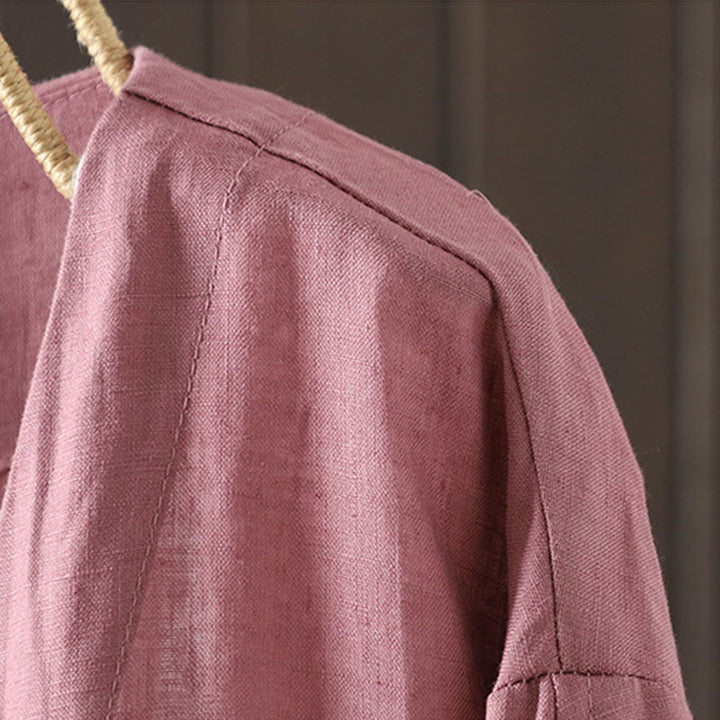 Buddha Stones Pure Color V-neck Women's Cotton Jacket With Pockets - image 8