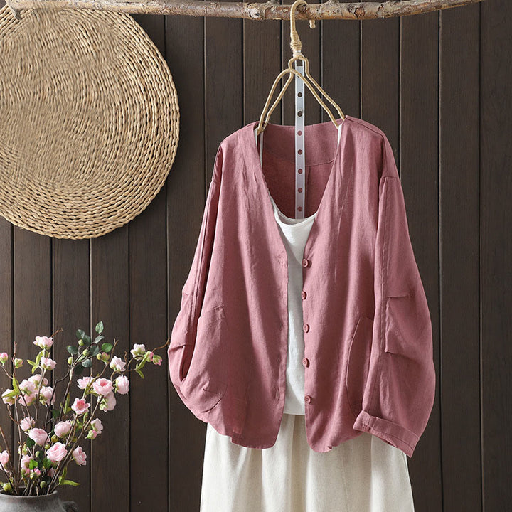 Buddha Stones Pure Color V-neck Women's Cotton Jacket With Pockets - image 6