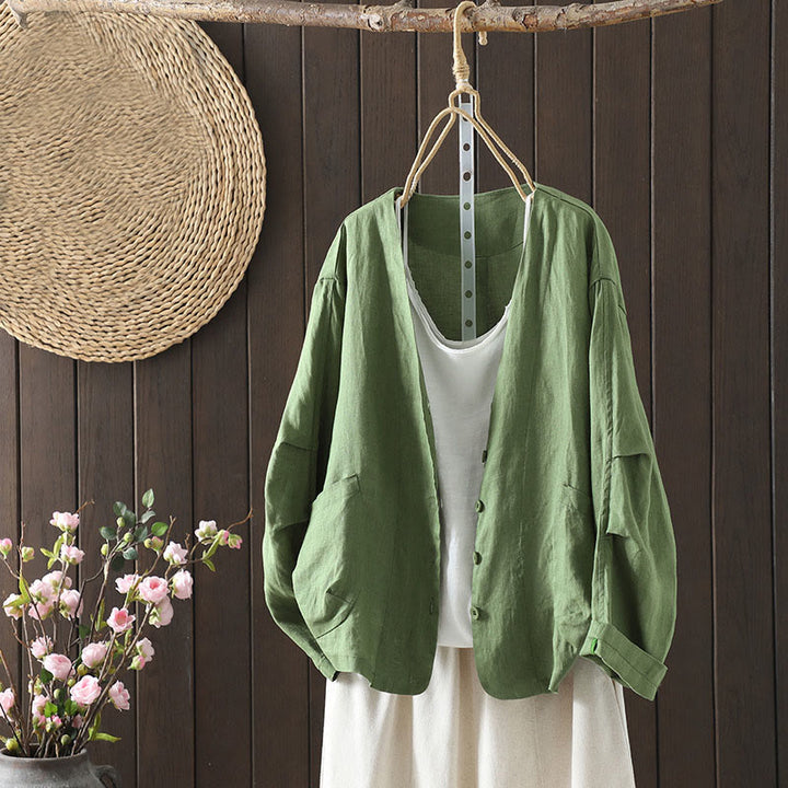 Buddha Stones Pure Color V-neck Women's Cotton Jacket With Pockets - image 17