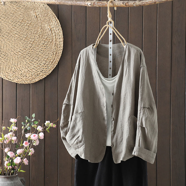 Buddha Stones Pure Color V-neck Women's Cotton Jacket With Pockets - image 23