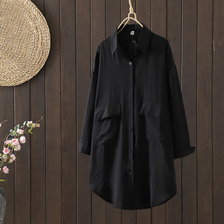 Buddha Stones Plain Buttons Women's Cotton Coat With Pockets - Black - US8-10，UK/AU12-14，EU40-42 (2XL) - image 10