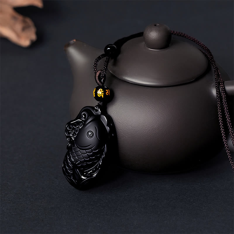 Buddha Stones Natural Black Obsidian Amphioxus Strength Necklace Pendant - image 5